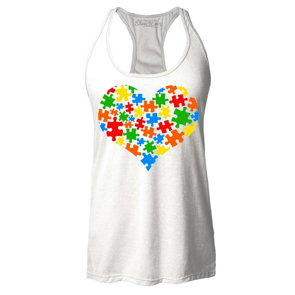 Shop4Ever Women's Puzzle Heart Support Autism Awareness Racerback Tank Top X-Large White
