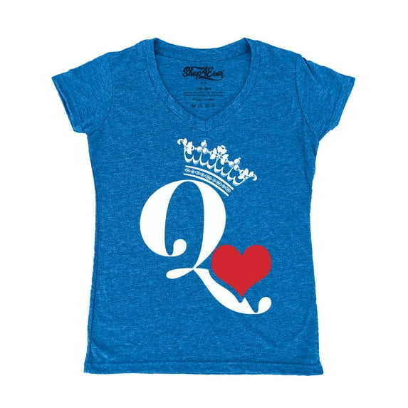 Shop4Ever Women's Queen of Hearts Slim Fit V-Neck T-Shirt Medium Heather Royal Blue