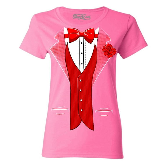 Shop4Ever Women's Red Bow Tie Classic Tuxedo with Rose Flower Graphic T-Shirt Medium Azalea Pink