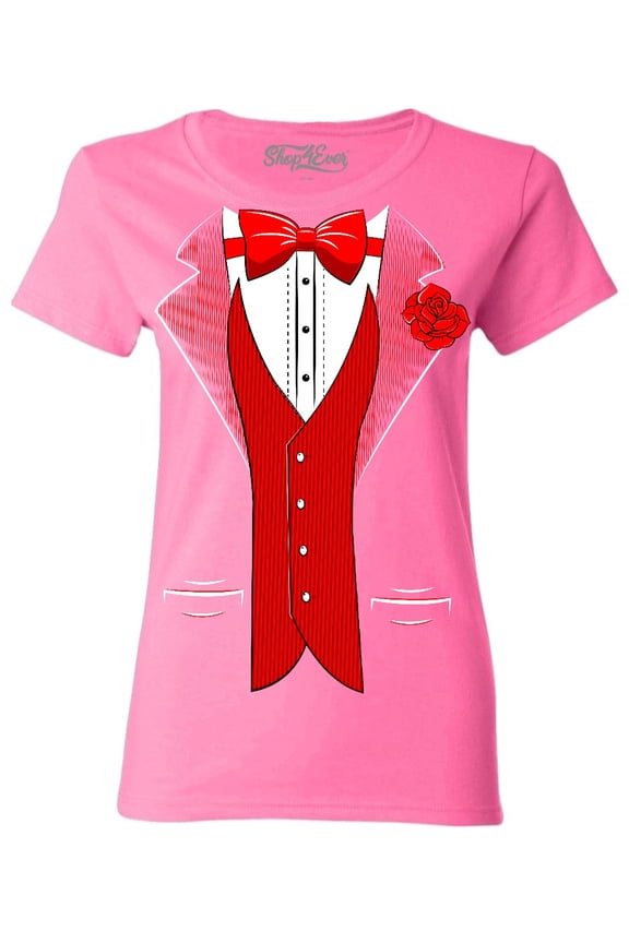 Women's Red Bow Tie Classic Tuxedo with Rose Flower Graphic T-Shirt Small Azalea Pink
