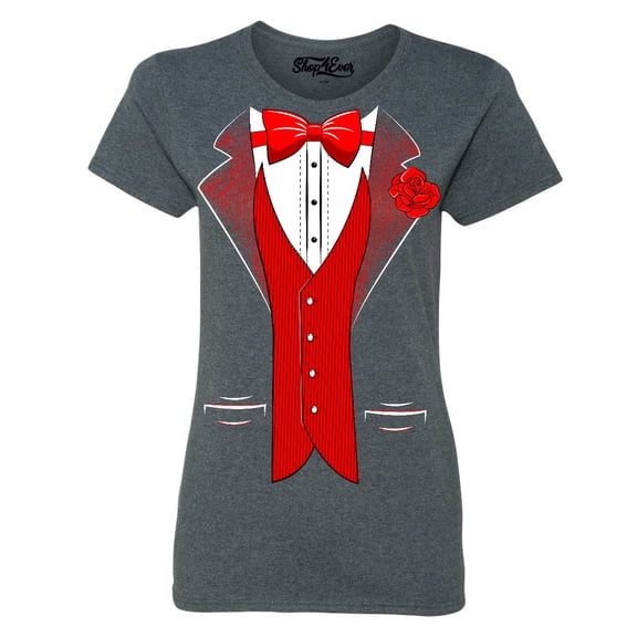 Shop4Ever Women's Red Bow Tie Classic Tuxedo with Rose Flower Graphic T-Shirt Small Dark Heather