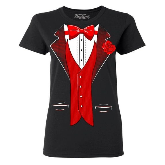 Shop4Ever Women's Red Bow Tie Classic Tuxedo with Rose Flower Graphic T-Shirt XX-Large Black