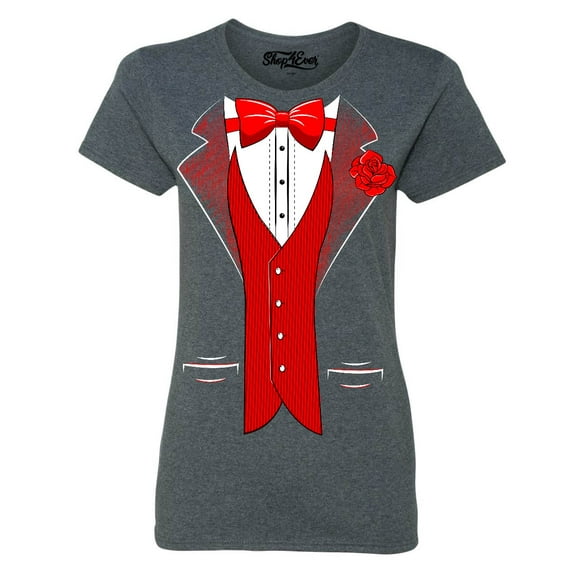 Shop4Ever Women's Red Bow Tie Classic Tuxedo with Rose Flower Graphic T-Shirt XX-Large Dark Heather