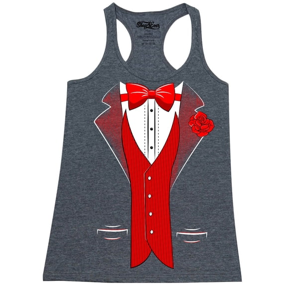 Shop4Ever Women's Red Bow Tie Classic Tuxedo with Rose Flower Racerback Tank Top Small Charcoal