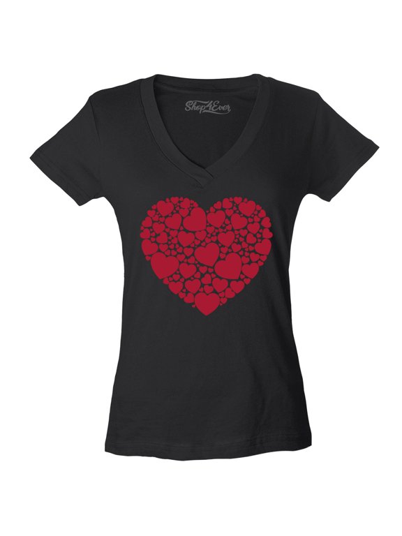 Women's Red Heart Love Cloud Valentine's Day Slim Fit V-Neck T-Shirt XX-Large Black