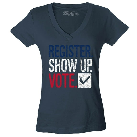 Shop4Ever Women's Register Show Up Vote Political Red White Blue Slim Fit V-Neck T-Shirt Large Charcoal