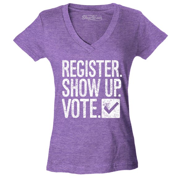 Shop4Ever Women's Register Show Up Vote Political Slim Fit V-Neck T-Shirt Large Heather Purple
