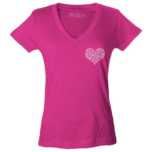 Shop4Ever Women's Ribbon Heart Montage White Pocket Size Slim Fit V-Neck T-Shirt Large Pink