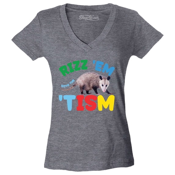 Shop4Ever Women's Rizz 'Em with the 'Tism Austism Neurodiversity Slim Fit V-Neck T-Shirt Small Heather Charcoal