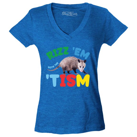 Shop4Ever Women's Rizz 'Em with the 'Tism Austism Neurodiversity Slim Fit V-Neck T-Shirt X-Large Heather Royal Blue