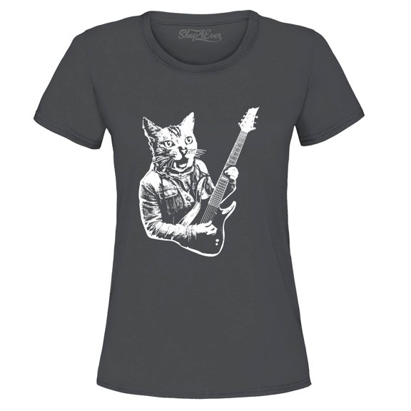 Shop4Ever Women's Rocker Kitty Cat Playing Guitar Graphic T-Shirt Large Charcoal