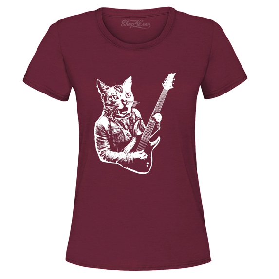 Shop4Ever Women's Rocker Kitty Cat Playing Guitar Graphic T-Shirt Large Maroon