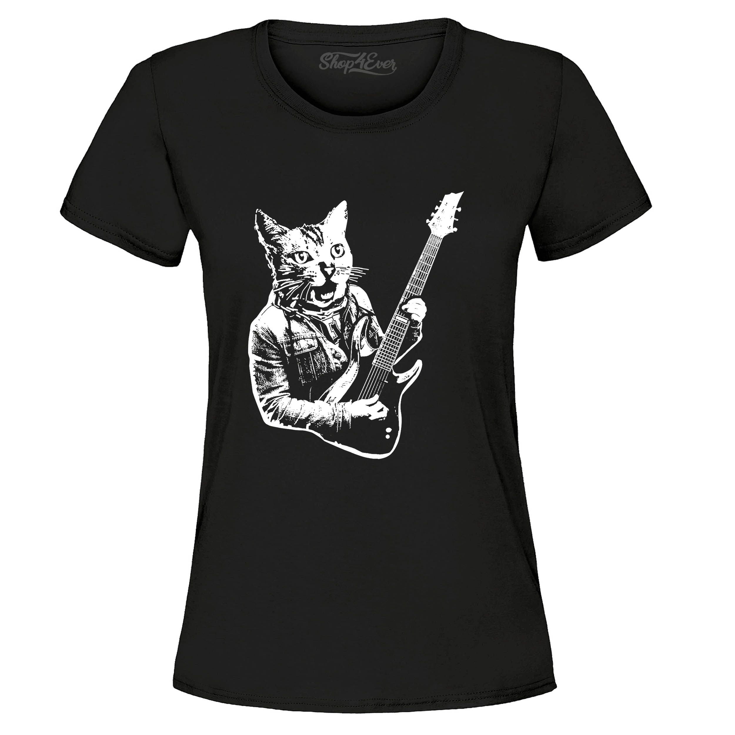 Shop4Ever Women's Rocker Kitty Cat Playing Guitar Graphic T-Shirt ...