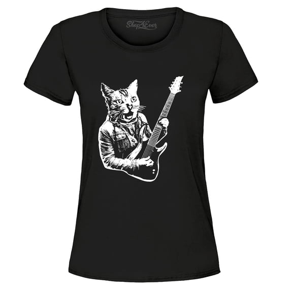Shop4Ever Women's Rocker Kitty Cat Playing Guitar Graphic T-Shirt Medium Black