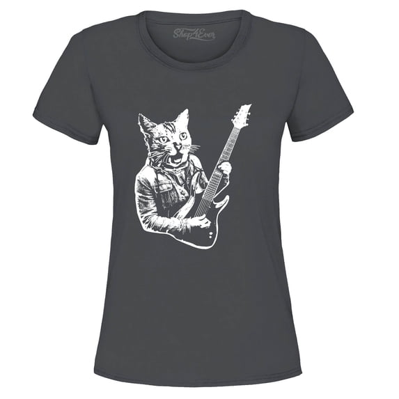Shop4Ever Women's Rocker Kitty Cat Playing Guitar Graphic T-Shirt Medium Charcoal
