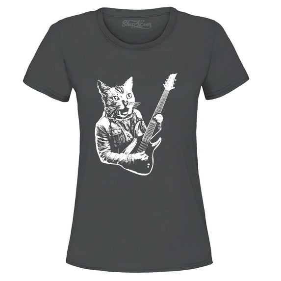 Shop4Ever Women's Rocker Kitty Cat Playing Guitar Graphic T-Shirt XXX-Large Charcoal
