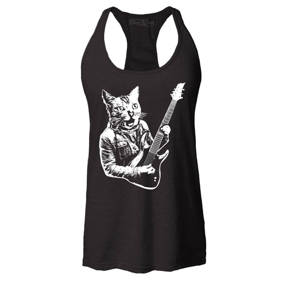 Shop4Ever Women's Rocker Kitty Cat Playing Guitar Racerback Tank Top X-Large Black