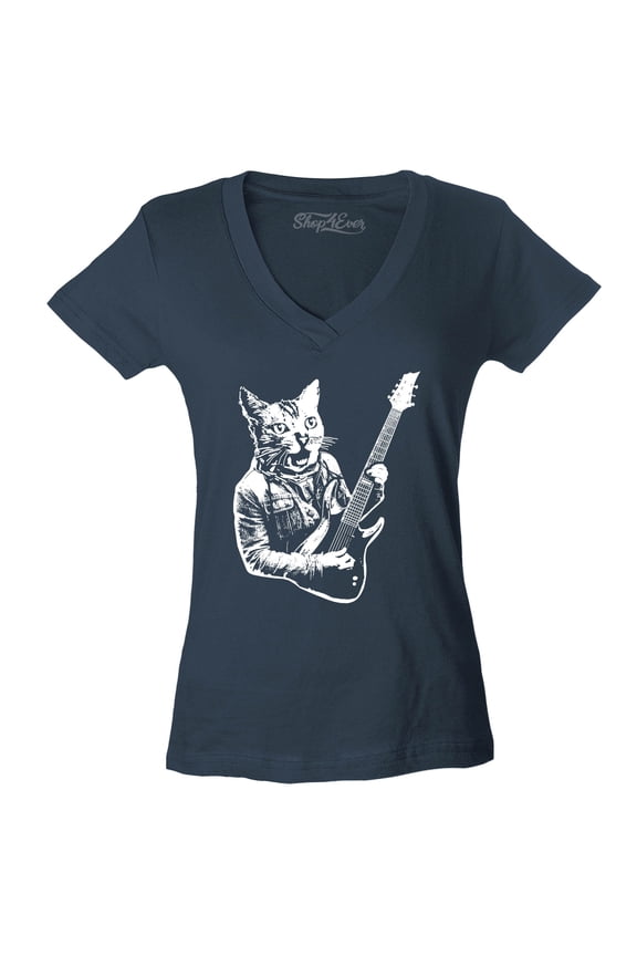 Women's Rocker Kitty Cat Playing Guitar Slim Fit V-Neck T-Shirt Medium Charcoal