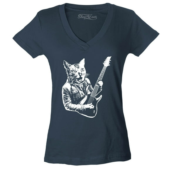 Shop4Ever Women's Rocker Kitty Cat Playing Guitar Slim Fit V-Neck T-Shirt Medium Charcoal