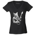 thumbnail image 1 of Shop4Ever Women's Rocker Kitty Cat Playing Guitar Slim Fit V-Neck T-Shirt X-Large Black, 1 of 5