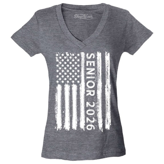 Shop4Ever Women's Senior 2026 American Flag Slim Fit V-Neck T-Shirt Medium Heather Charcoal