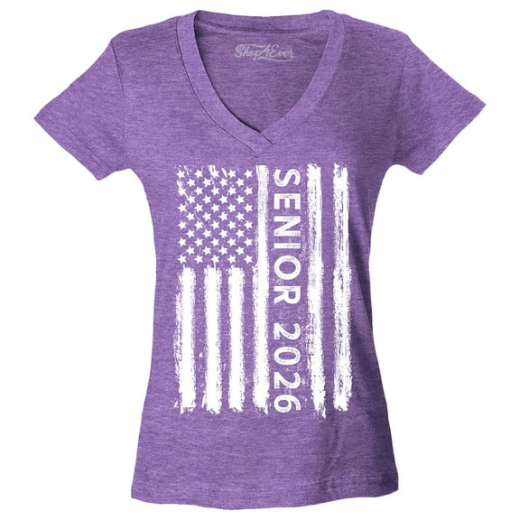 Shop4Ever Women's Senior 2026 American Flag Slim Fit V-Neck T-Shirt Small Heather Purple