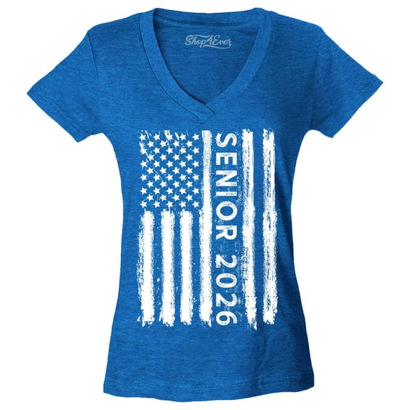 Shop4Ever Women's Senior 2026 American Flag Slim Fit V-Neck T-Shirt Small Heather Royal Blue