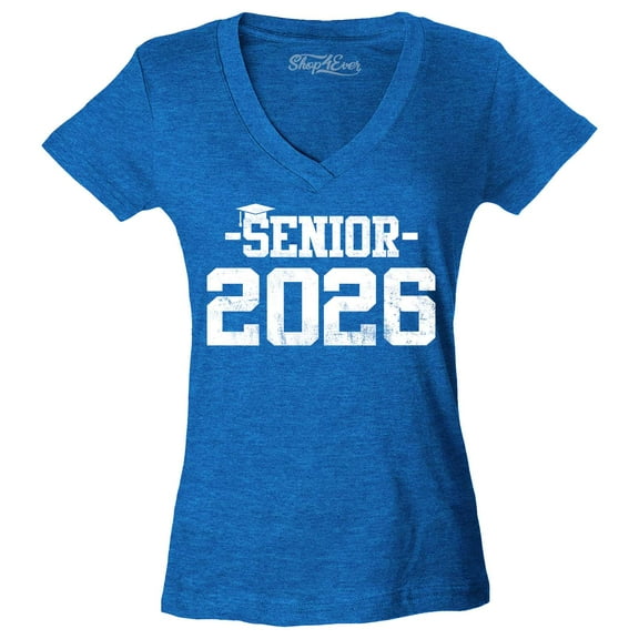 Shop4Ever Women's Senior 2026 Graduation Slim Fit V-Neck T-Shirt Medium Heather Royal Blue