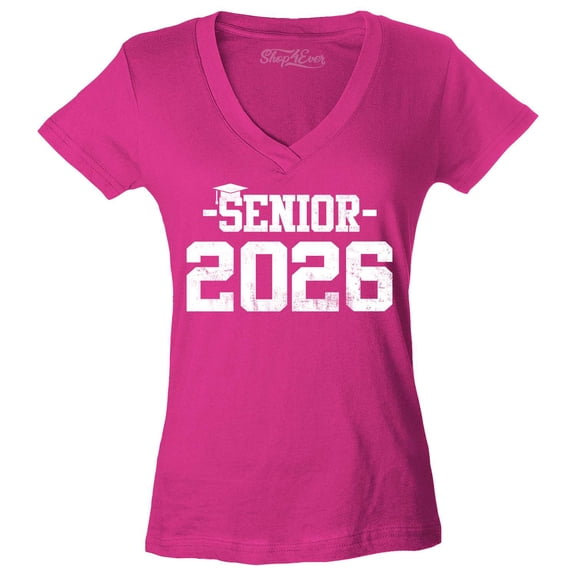 Shop4Ever Women's Senior 2026 Graduation Slim Fit V-Neck T-Shirt X-Large Pink