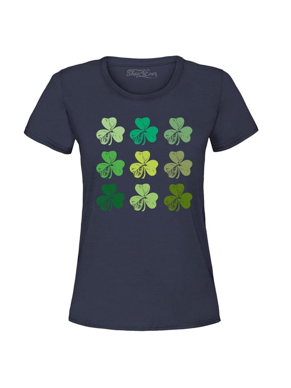 Women's Shamrock Green Clovers St. Patrick's Day Graphic T-Shirt Medium Navy