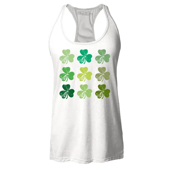Shop4Ever Women's Shamrock Green Clovers St. Patrick's Day Racerback Tank Top X-Large White