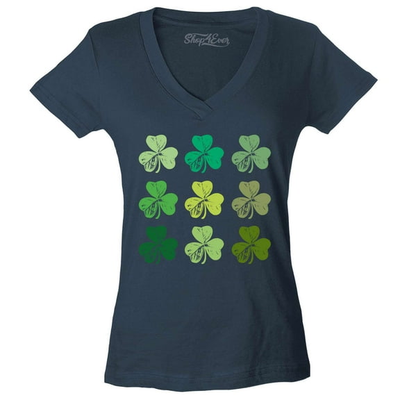Shop4Ever Women's Shamrock Green Clovers St. Patrick's Day Slim Fit V-Neck T-Shirt Large Charcoal