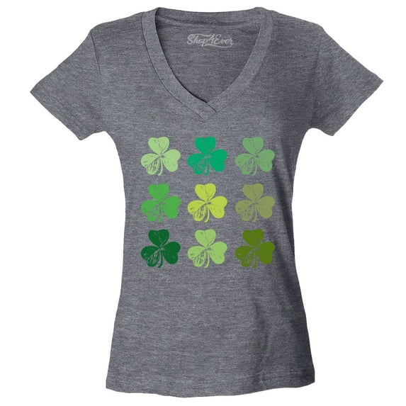 Shop4Ever Women's Shamrock Green Clovers St. Patrick's Day Slim Fit V-Neck T-Shirt X-Large Heather Charcoal
