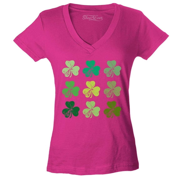 Shop4Ever Women's Shamrock Green Clovers St. Patrick's Day Slim Fit V-Neck T-Shirt X-Small Pink