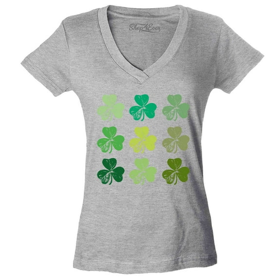 Shop4Ever Women's Shamrock Green Clovers St. Patrick's Day Slim Fit V-Neck T-Shirt X-Small Sports Grey