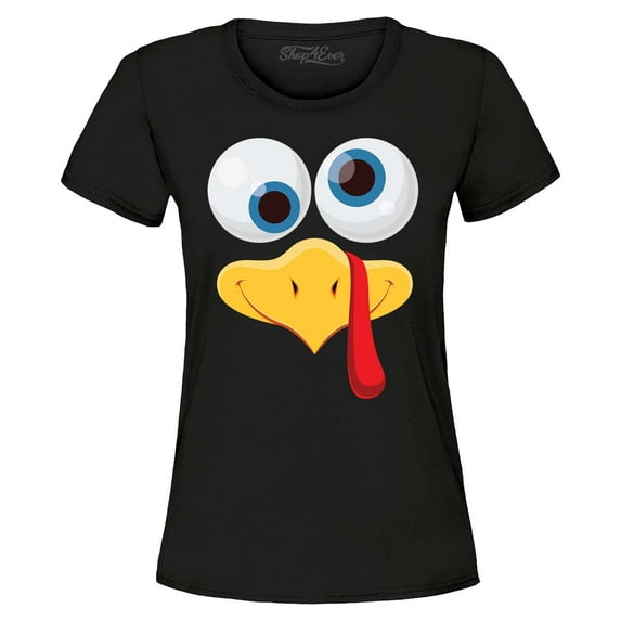 Shop4Ever Women's Silly Turkey Face Funny Thanksgiving Graphic T-Shirt Large Black