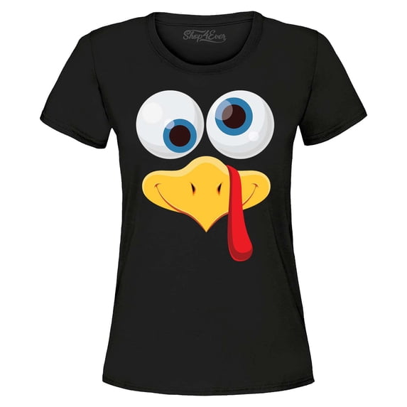 Shop4Ever Women's Silly Turkey Face Funny Thanksgiving Graphic T-Shirt X-Large Black