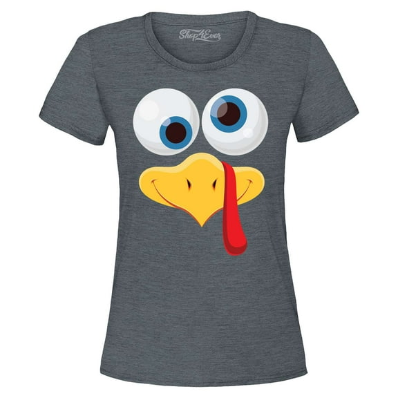Shop4Ever Women's Silly Turkey Face Funny Thanksgiving Graphic T-Shirt X-Large Dark Heather