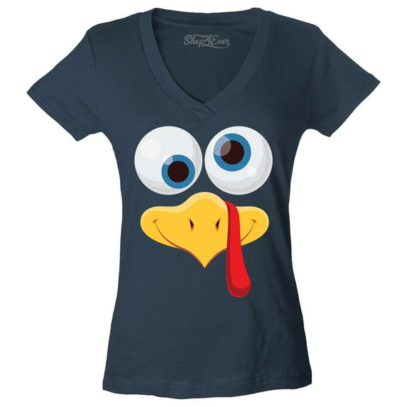 Shop4Ever Women's Silly Turkey Face Funny Thanksgiving Slim Fit V-Neck T-Shirt Small Charcoal