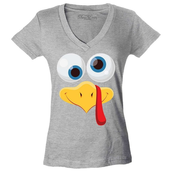 Shop4Ever Women's Silly Turkey Face Funny Thanksgiving Slim Fit V-Neck T-Shirt X-Large Sports Grey