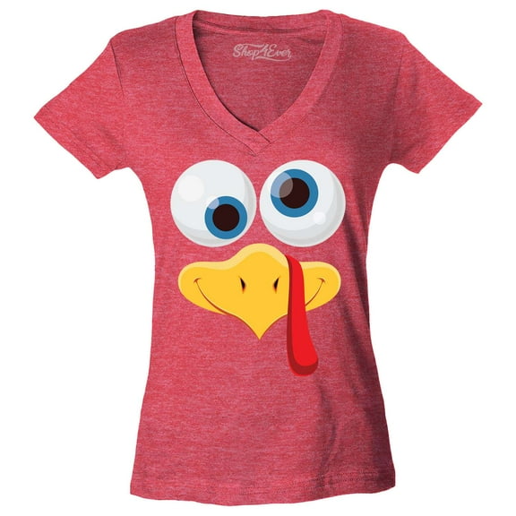 Shop4Ever Women's Silly Turkey Face Funny Thanksgiving Slim Fit V-Neck T-Shirt X-Small Heather Red