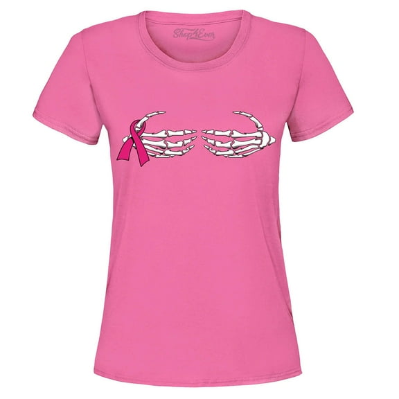 Shop4Ever Women's Skeleton Hands Breast Cancer Awareness Graphic T-Shirt Large Azalea Pink