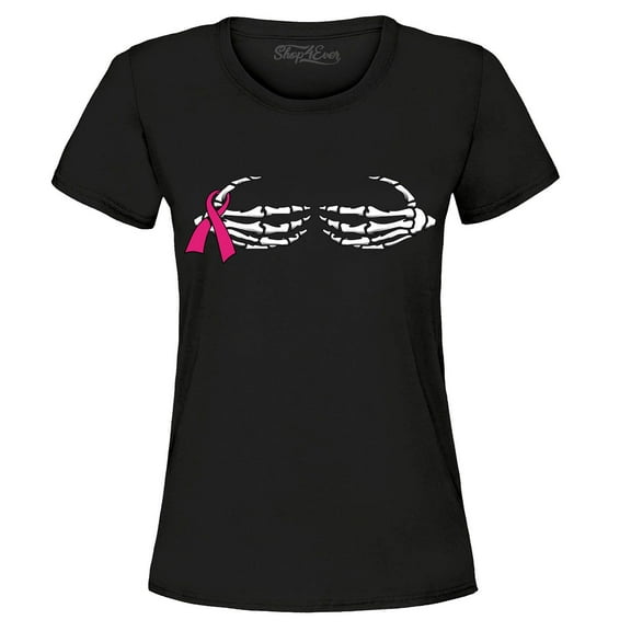 Shop4Ever Women's Skeleton Hands Breast Cancer Awareness Graphic T-Shirt Medium Black