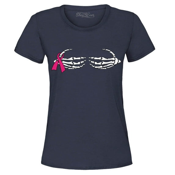 Shop4Ever Women's Skeleton Hands Breast Cancer Awareness Graphic T-Shirt Medium Navy
