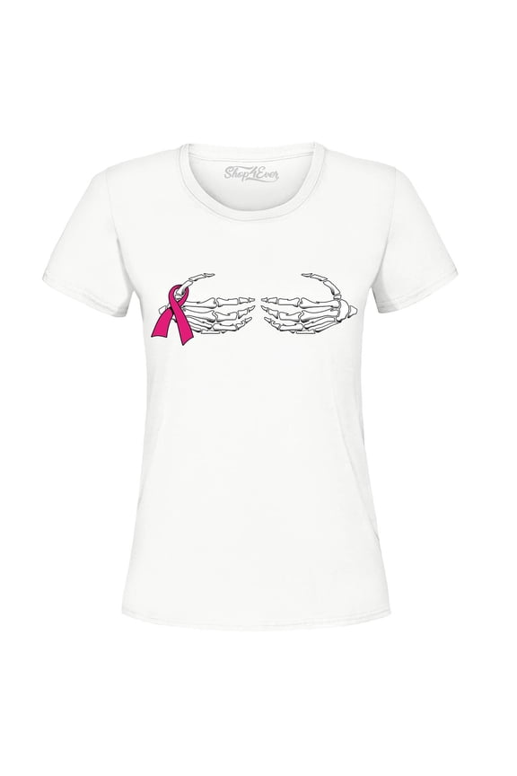 Women's Skeleton Hands Breast Cancer Awareness Graphic T-Shirt Medium White