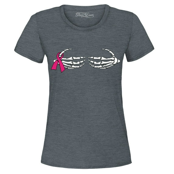 Shop4Ever Women's Skeleton Hands Breast Cancer Awareness Graphic T-Shirt X-Large Dark Heather