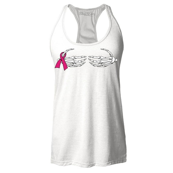 Shop4Ever Women's Skeleton Hands Breast Cancer Awareness Racerback Tank Top X-Large White