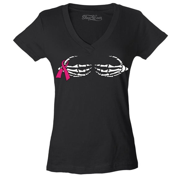 Shop4Ever Women's Skeleton Hands Breast Cancer Awareness Slim Fit V-Neck T-Shirt XX-Large Black