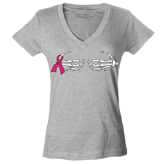 Shop4Ever Women's Skeleton Hands Breast Cancer Awareness Slim Fit V-Neck T-Shirt XX-Large Sports Grey