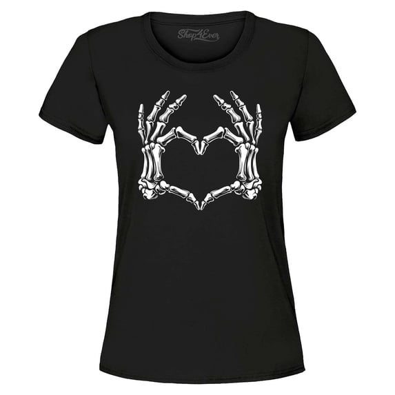 Shop4Ever Women's Skeleton Heart Hands Graphic T-Shirt X-Large Black